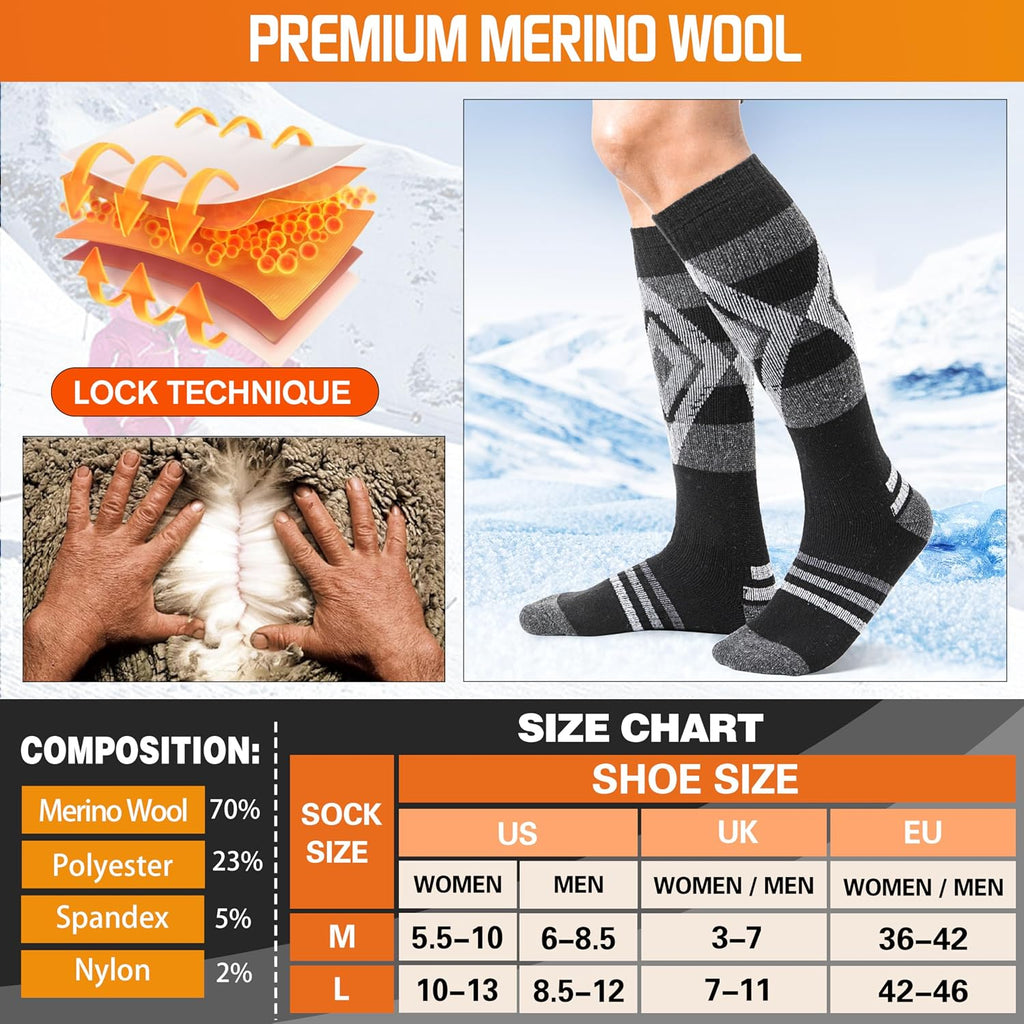 Welwoos 3 Pairs Merino Wool Ski Socks for Womens Mens Thermal Winter Warm Thick Knee High Socks for Skiing Snowboarding