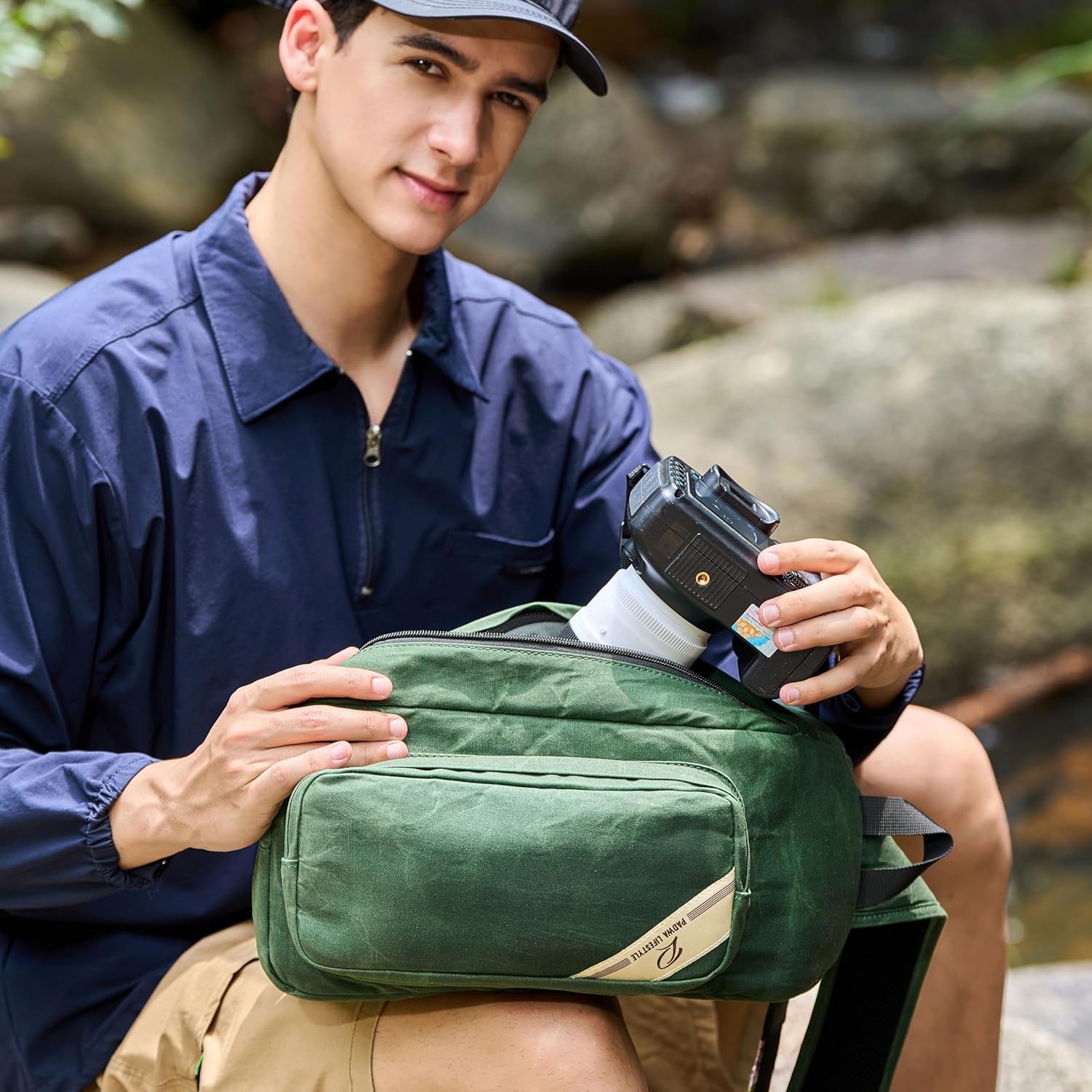 Padwa Lifestyle Green Crossbody Camera Bag - Waxed Memory Canvas Compact Camera Sling and Crossbody Bag with Fast Access,Versatile Lightweight Everyday Bag Great for Photographers Travel,Photography