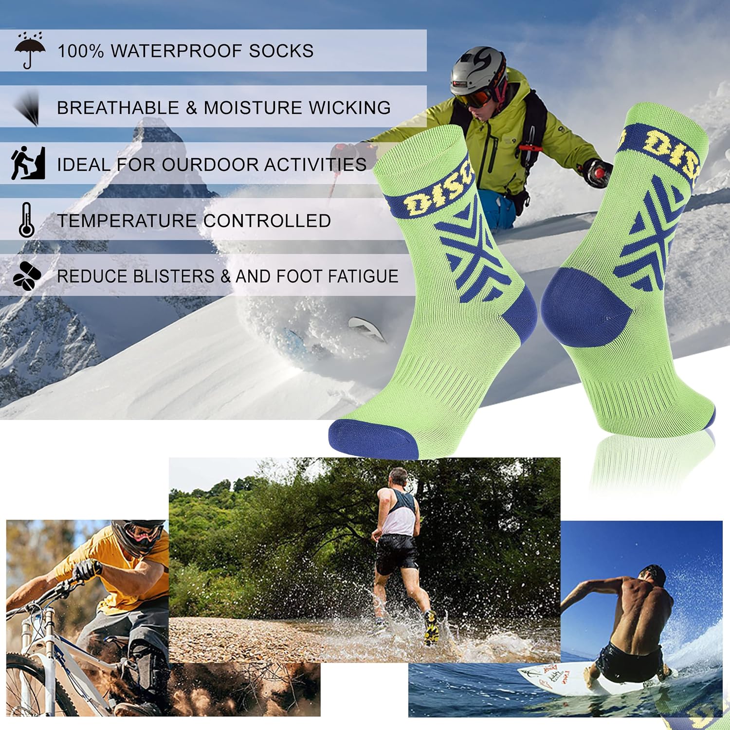 RANDY SUN Waterproof Socks, Unisex Hiking Wading Trail Running Kayaking Crew Socks