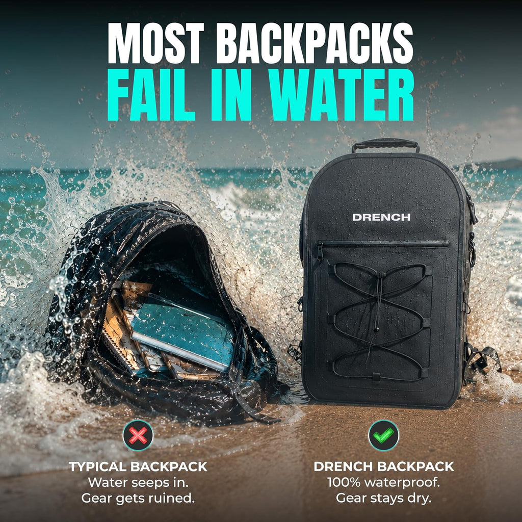 DRENCH 100% Waterproof Backpack 25L | Fully Submersible IPX8 Dry Bag with Airtight Seal | Floating Travel Backpack Fits 16” Laptop | Gear Loop System for Fishing, Kayaking, Boating & Outdoor Adventure