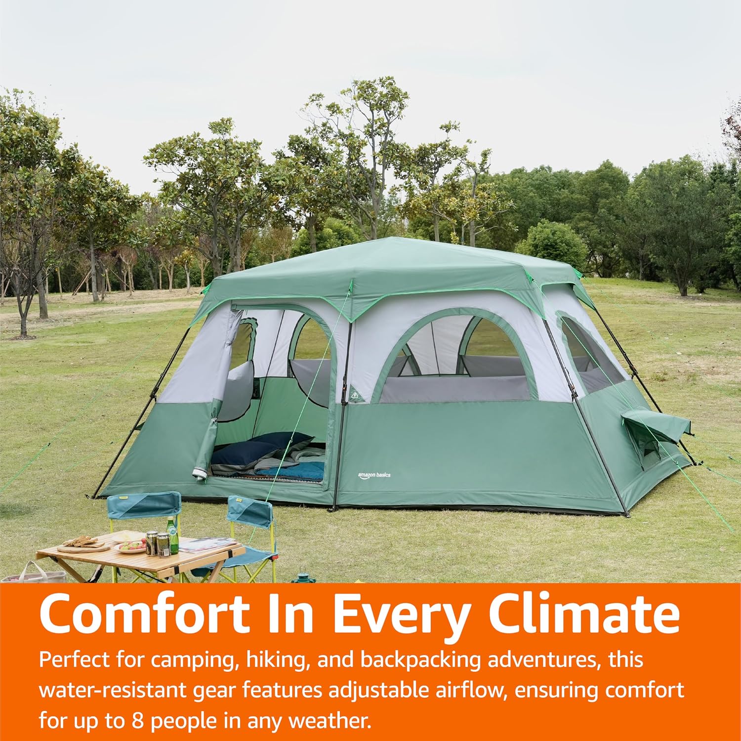 Amazon Basics Instant Camping Tent with Rainfly, Weather-Resistant, Quick Setup