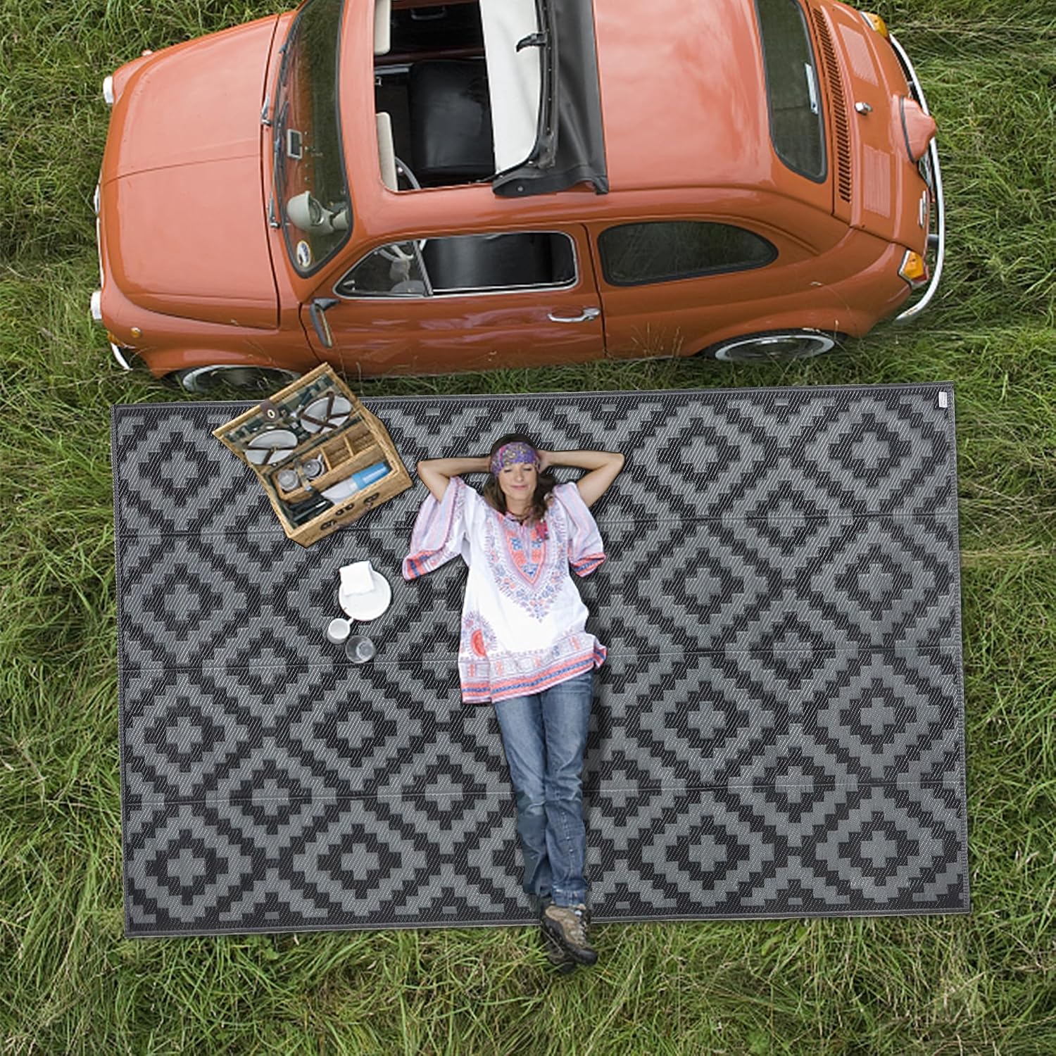 SAND MINE Waterproof Outdoor Rug 5x8 ft, Plastic Reversible Rug, Modern Area Rug, Large Floor Mat for Outdoors, RV, Patio, Backyard, Deck, Picnic, Beach, Camping, Black Grey Lattice