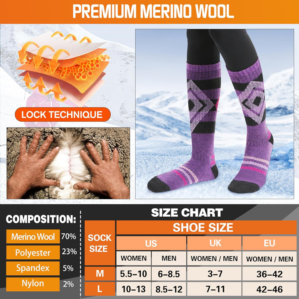 Welwoos 3 Pairs Merino Wool Ski Socks for Womens Mens Thermal Winter Warm Thick Knee High Socks for Skiing Snowboarding