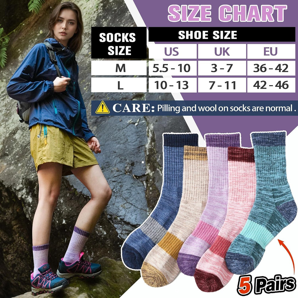 Merino Wool Hiking Socks Thermal Warm Winter Cozy Cushioned Moisture Wicking Crew Socks for Women 5 Pairs
