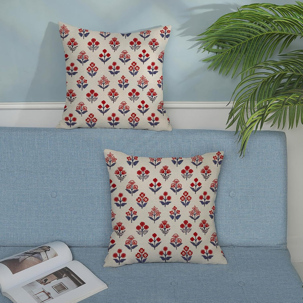 4th of July Pillow Covers 18x18 Inch 2 Pcs Red Blue Block Print Vintage Floral Patriotic Outdoor Decor Throw Pillows Memorial Day Holiday Decoration Pillowcase Linen Cushion Cover for Couch