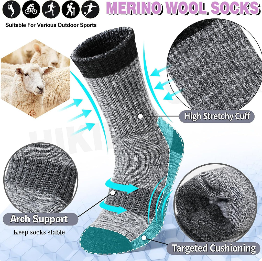 Merino Wool Hiking Socks Thermal Warm Winter Cozy Cushioned Moisture Wicking Crew Socks for Women 5 Pairs