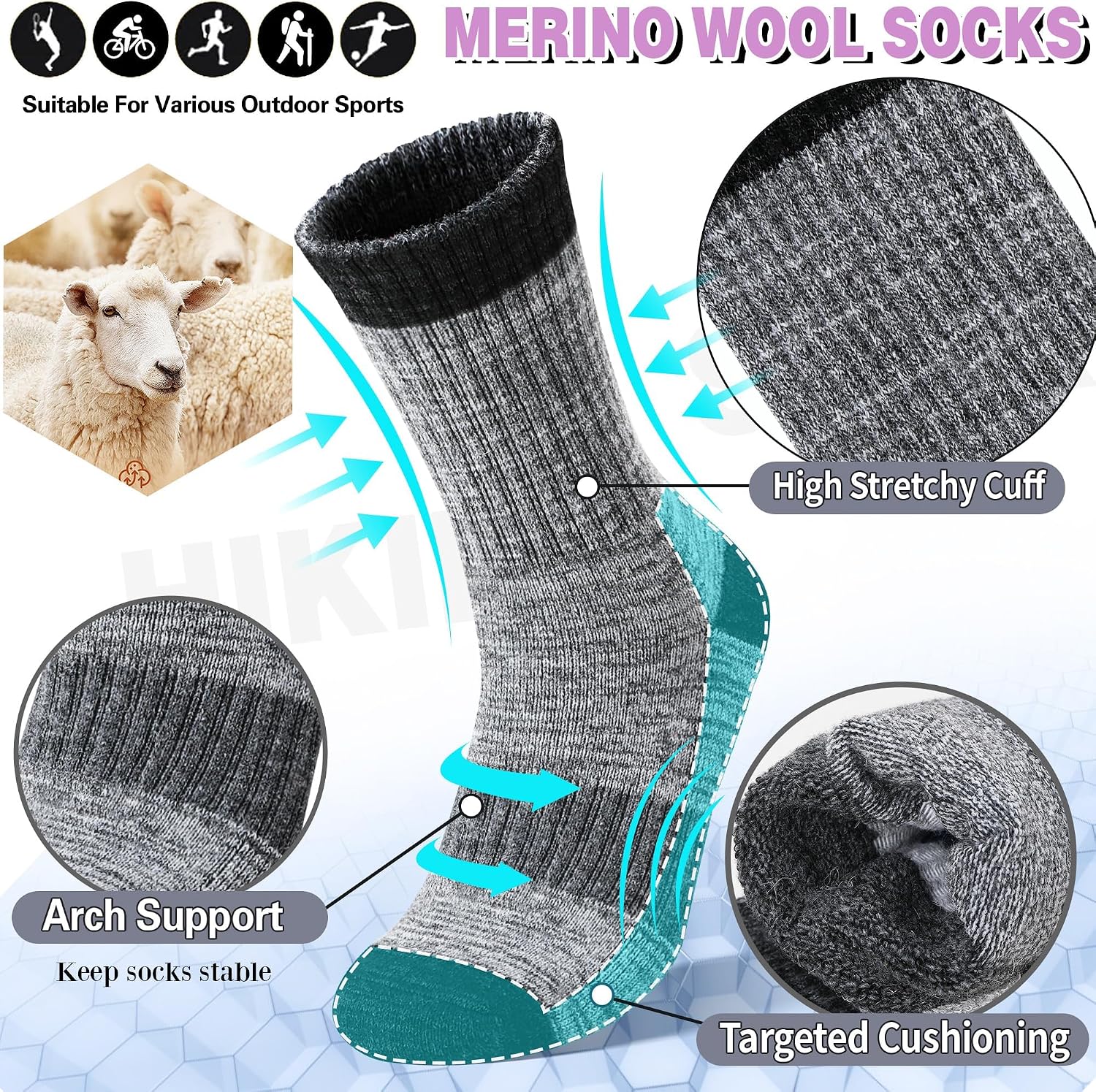 Merino Wool Hiking Socks Thermal Warm Winter Cozy Cushioned Moisture Wicking Crew Socks for Women 5 Pairs