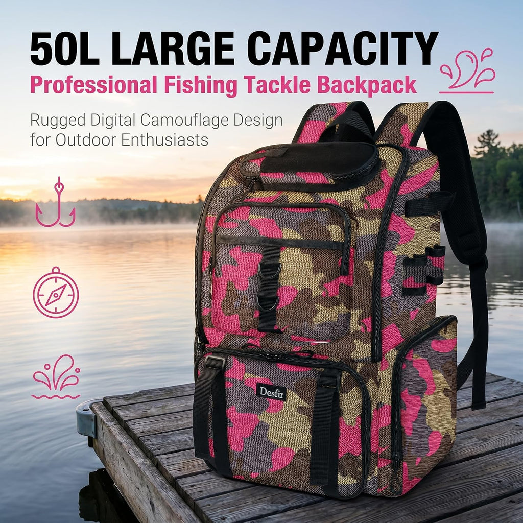 Handor Fishing Tackle Backpack, 50L Capacity, Waterproof Fishing Gear Bag (Camouflage Rose)