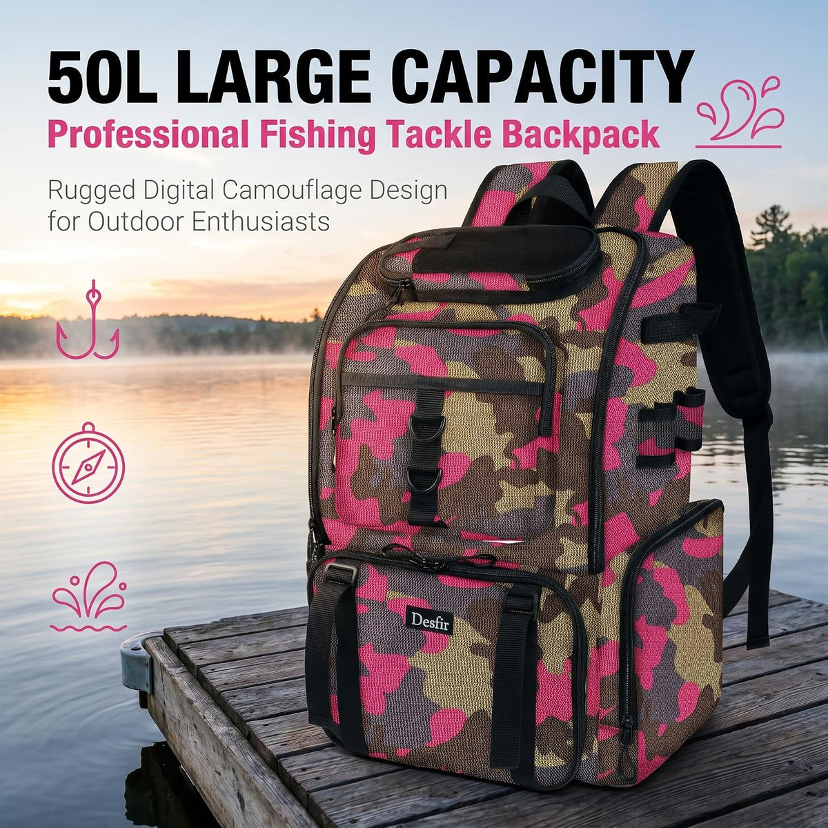 Handor Fishing Tackle Backpack, 50L Capacity, Waterproof Fishing Gear Bag (Camouflage Rose)