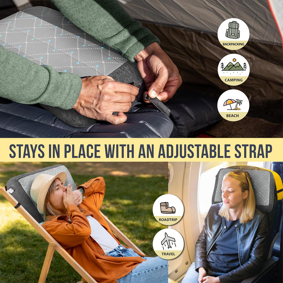 TREKOLOGY ALUFT Pro Inflatable Travel Pillow with Removable Foam-Padded Washable Cover - Quiet Soft-Touch Surface, Adjustable Firmness, Packs Palm-Size for Plane, Car, Camping & Backpacking