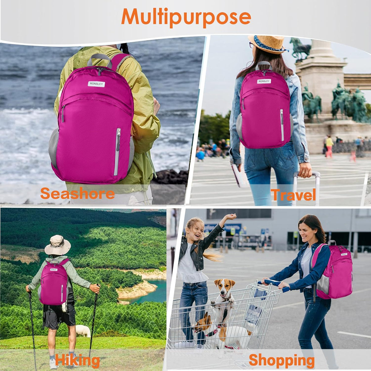 Waterproof Foldable Hiking Backpack, Lightweight Beach Bag DarkPink