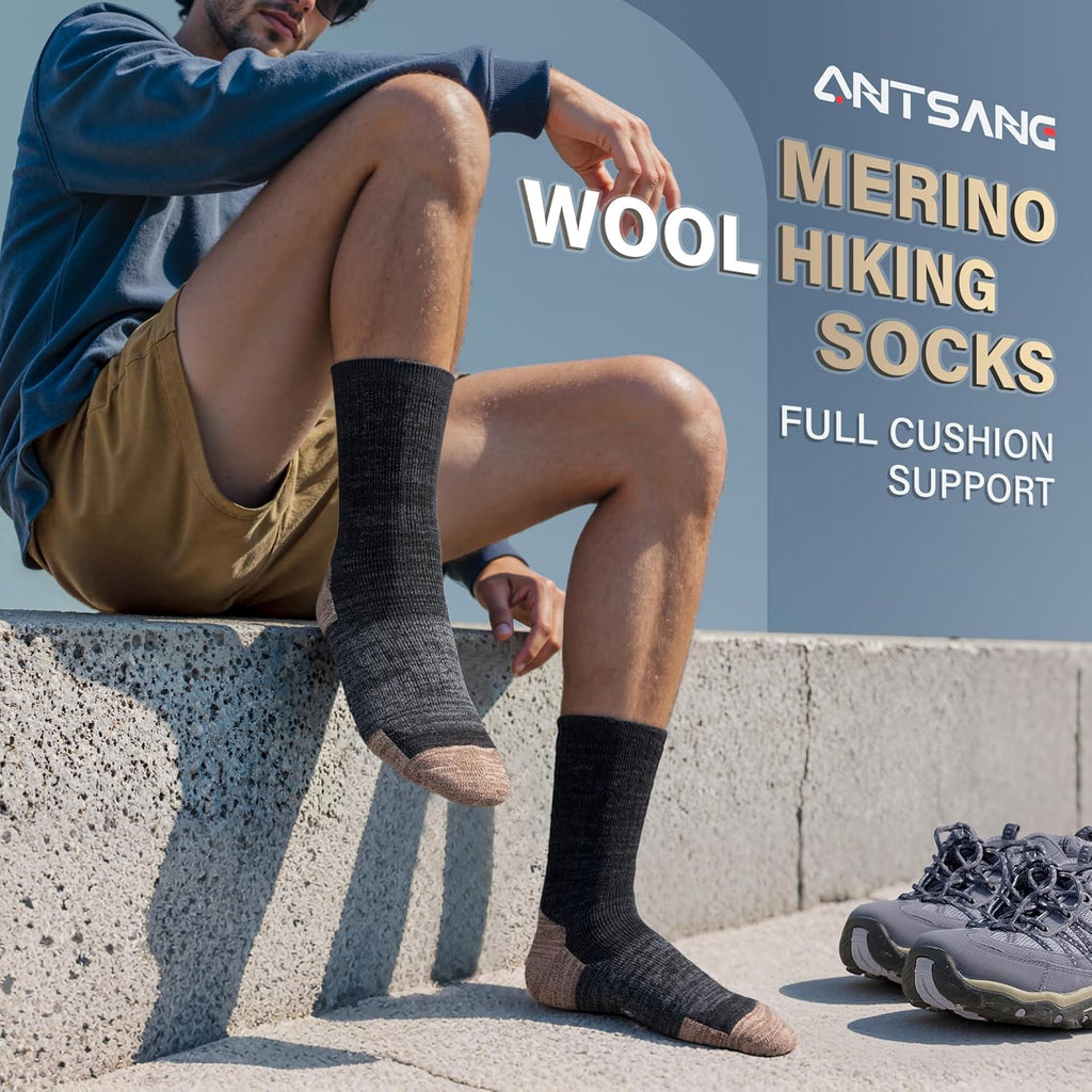 ANTSANG Merino Wool Hiking Socks, Full Cushion, Crew Socks for Men Women