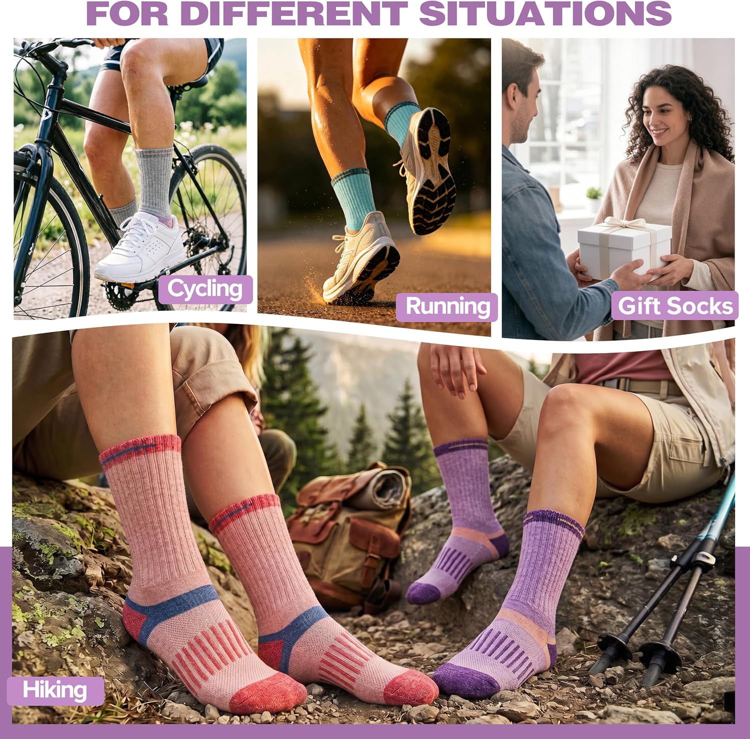 MOGGEI 5 Pairs Merino Wool Hiking Socks Warm Thermal Winter Cozy Cushioned Moisture Wicking Socks for Women & Men