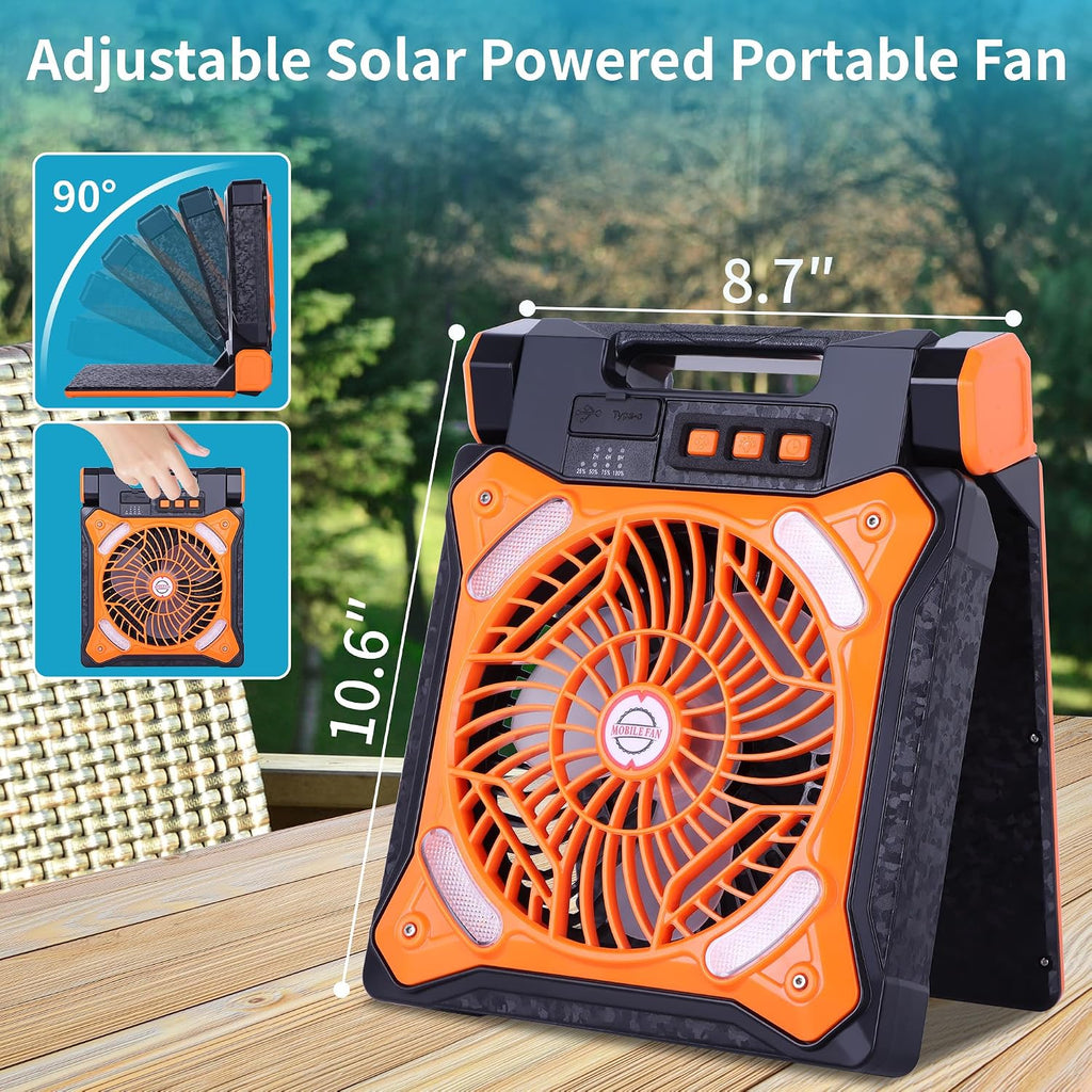 WESTTREE Solar Fan Battery Powered Rechargeable Solar Camping Fan with Led Lantern Power Bank Foldable Angle USB Personal Fans for Travel Outdoor CampingTents camping essentials X98 Orange