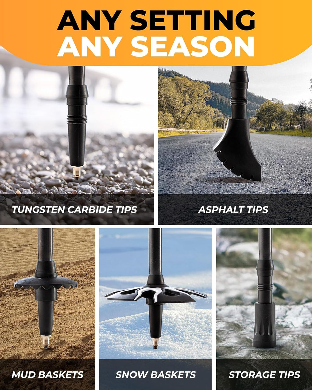 Foxelli Trekking Poles – Lightweight Collapsible Aircraft Grade Aluminum Hiking Poles with Cork Grips Quick Locks & All-Terrain Accessories – Pair of 2