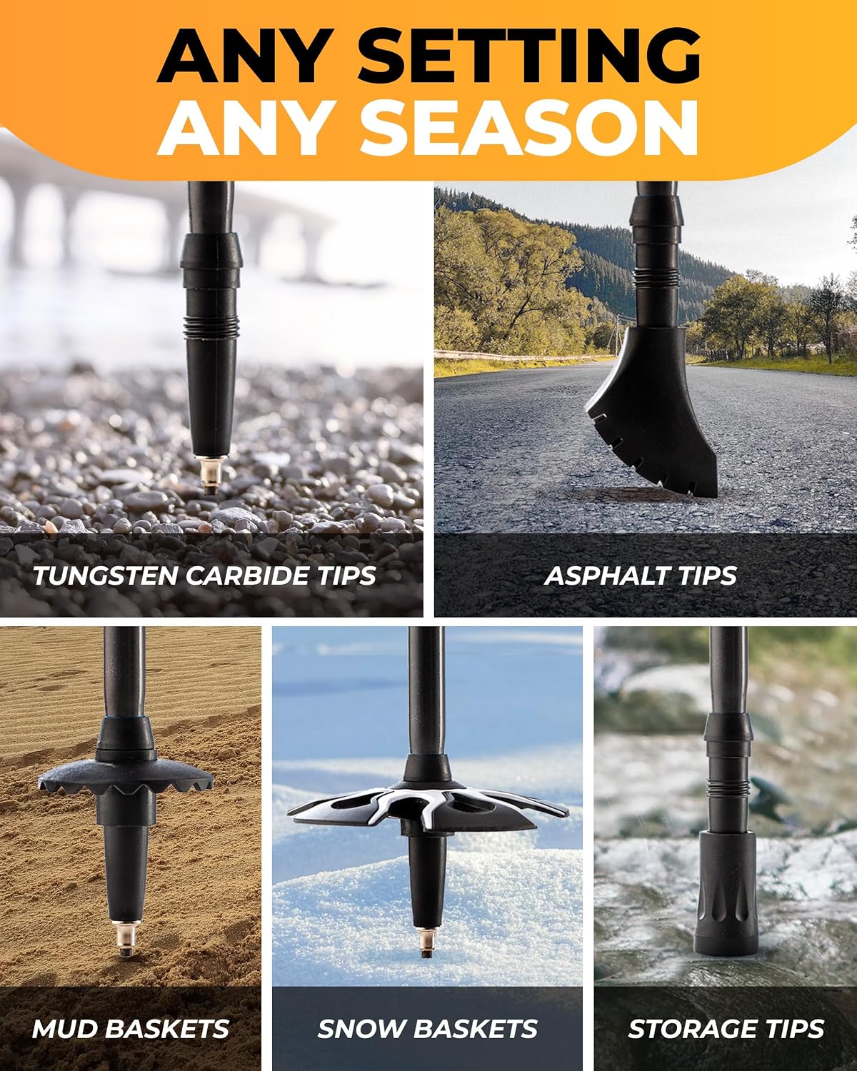 Foxelli Trekking Poles – Lightweight Collapsible Aircraft Grade Aluminum Hiking Poles with Cork Grips Quick Locks & All-Terrain Accessories – Pair of 2