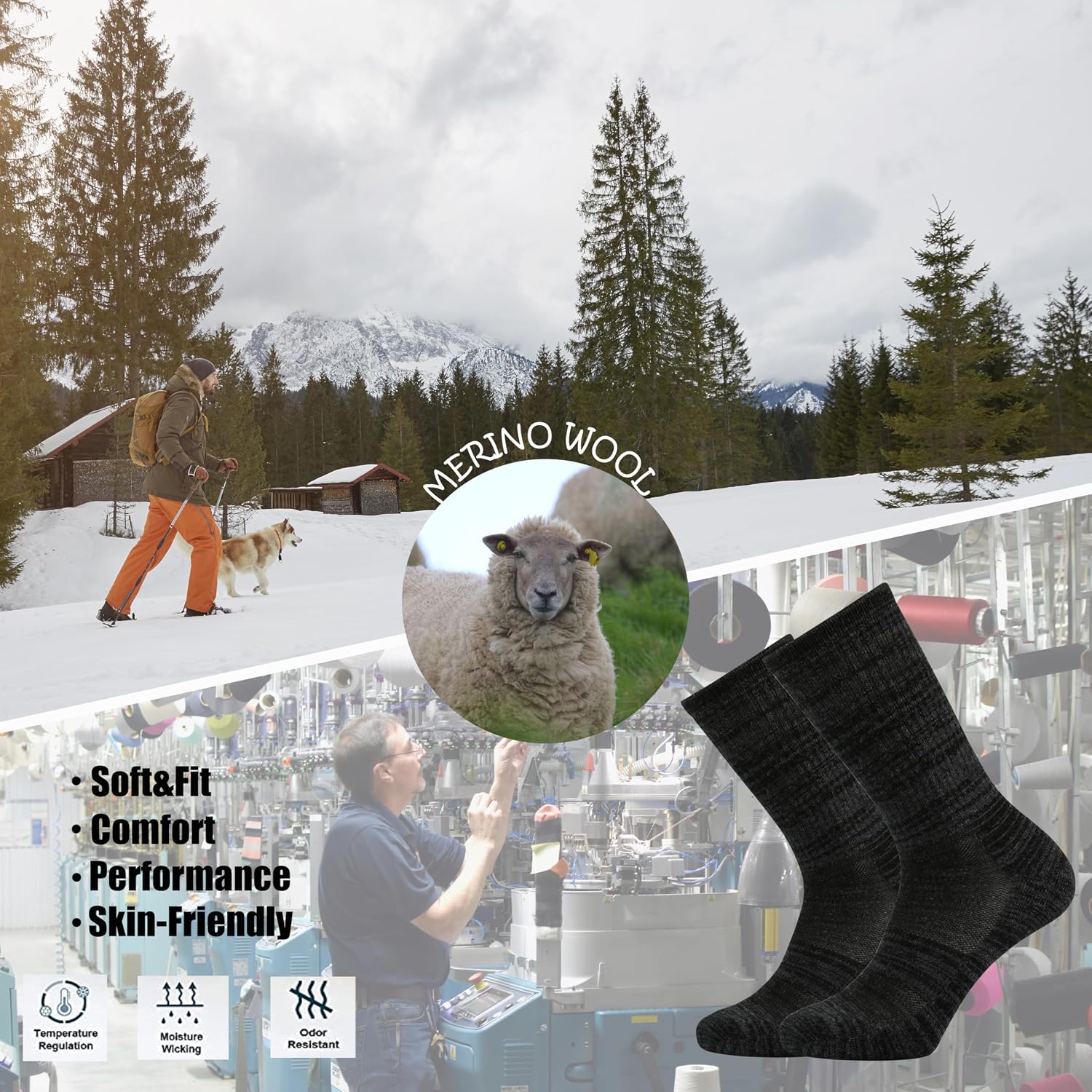 Ortis Merino Wool Socks for Men Outdoor Hiking Casual Soft Cushion Crew