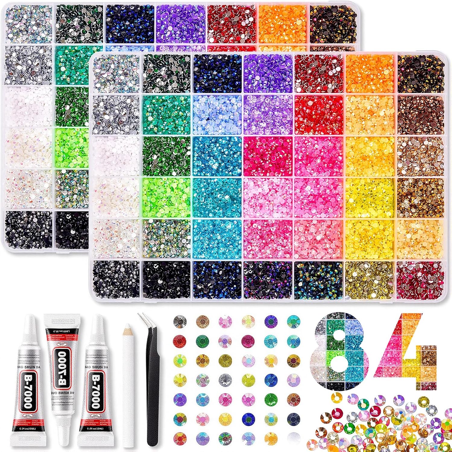80000Pcs Bedazzling Kit, 42 Colors 3mm Flatback Rhinestones with 3 B7000 Glue & Tools, Bedazzler Kit for Crafts Clothes Tumblers Nail Art & Diamond Painting - Christmas Birthday Gift for Girls