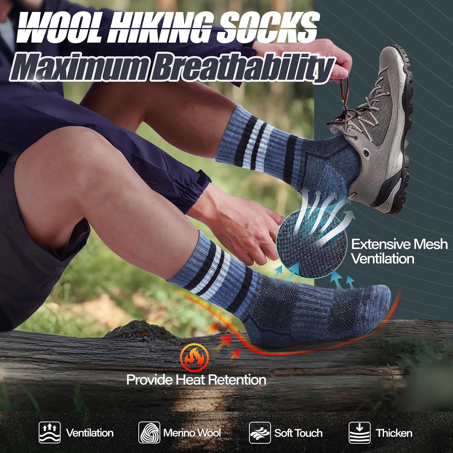 ANTSANG Merino Wool Hiking Socks, Maximum Breathability, for Men and Women