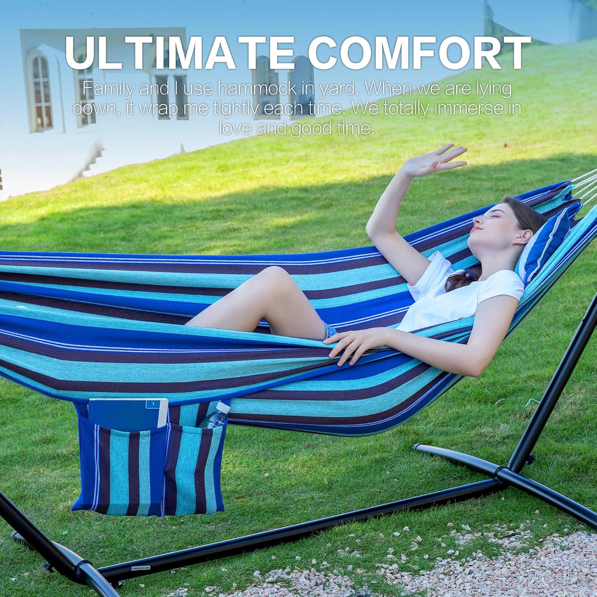 Double Hammock with Stand for Outside, Heavy-Duty, Portable (Blue Lagoon)
