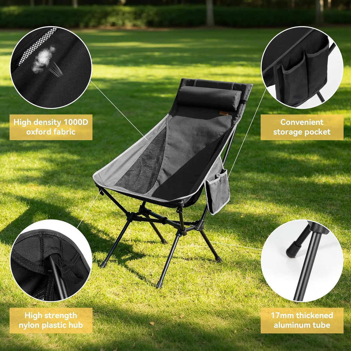 TOBTOS Portable High Back Camping Chair, Support 440 lbs, Ultralight Folding Chair with Head Support, Compact Backpacking Chair for Outdoor Camp Backpacking Fishing (Black)