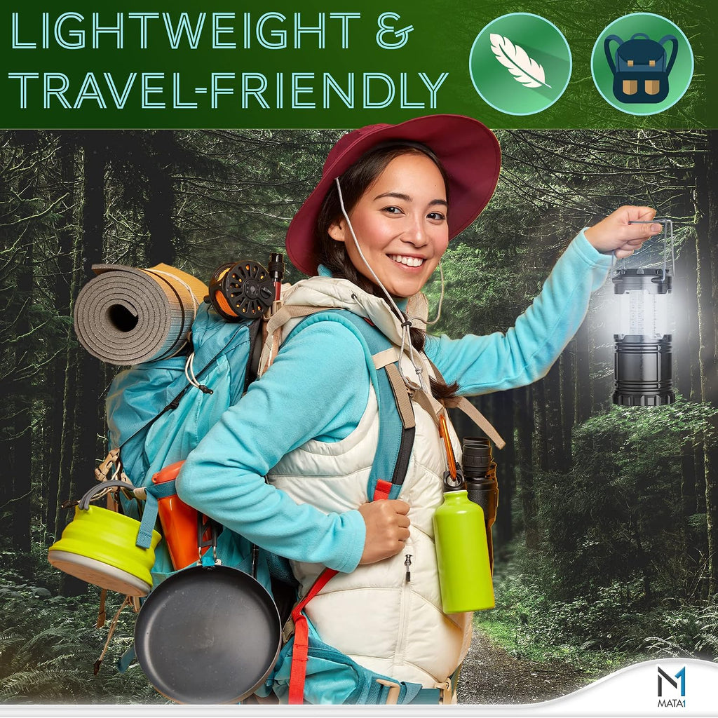 Mata1-USA LED Camping Lanterns (Black, 2 Pack), Emergency Lights for Power Outages, Long-Lasting Battery-Powered Lights w/ 3 Adjustable Brightness Levels, Collapsible Lamps for Indoor & Outdoor Use