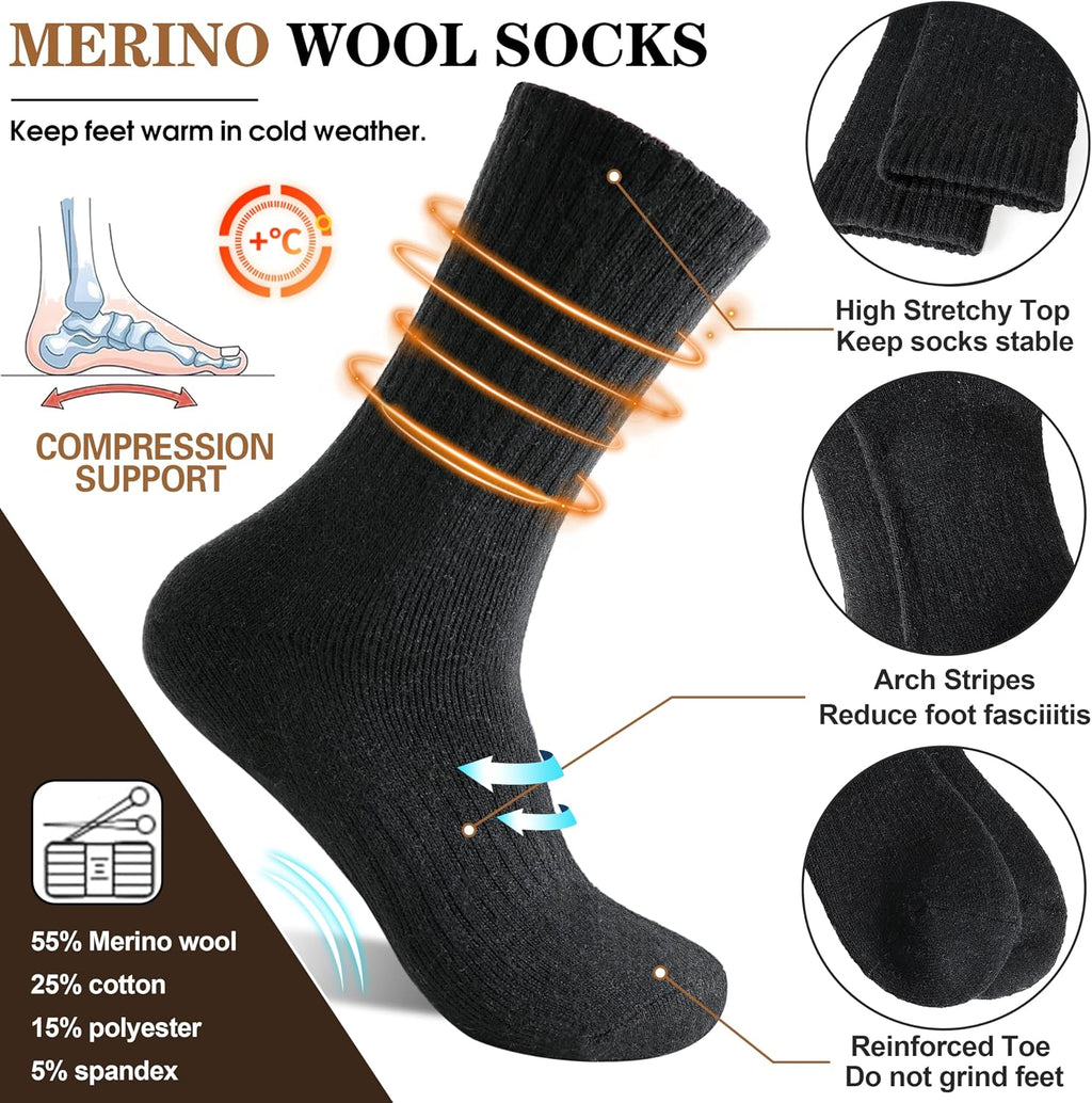 MOGGEI 5 Pairs Womens Merino Wool Socks Hiking Warm Winter Thick Thermal Crew Cozy Cabin Ladies Gift Comfy Boot Work Socks