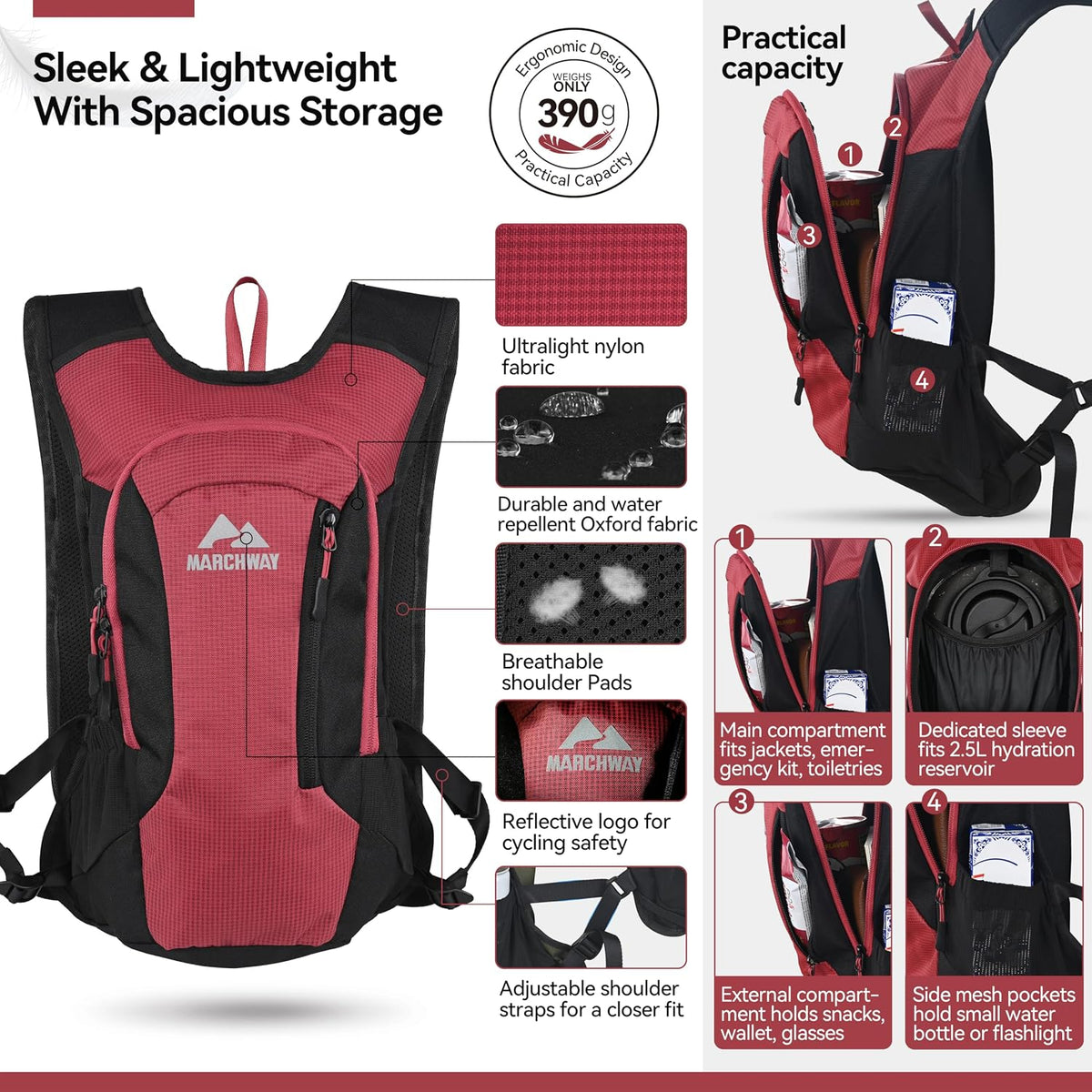 MARCHWAY Lightweight Hydration Backpack with Vest Style Straps & 2.5L TPU Water Bladder, Versatile Sleek Multi-Pocket Pack for Hiking, Cycling, Running, Backpacking, Travel