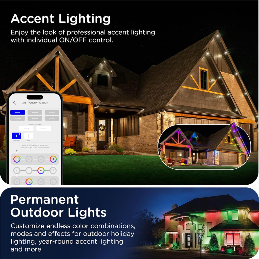 Enbrighten Eternity Permanent Outdoor Lights, 50ft with 36 RGBWIC LED Lights, App‑Controlled, Cuttable, Christmas, Accent & Year‑Round Eave Lighting, Works with Alexa & Google Home, 81102
