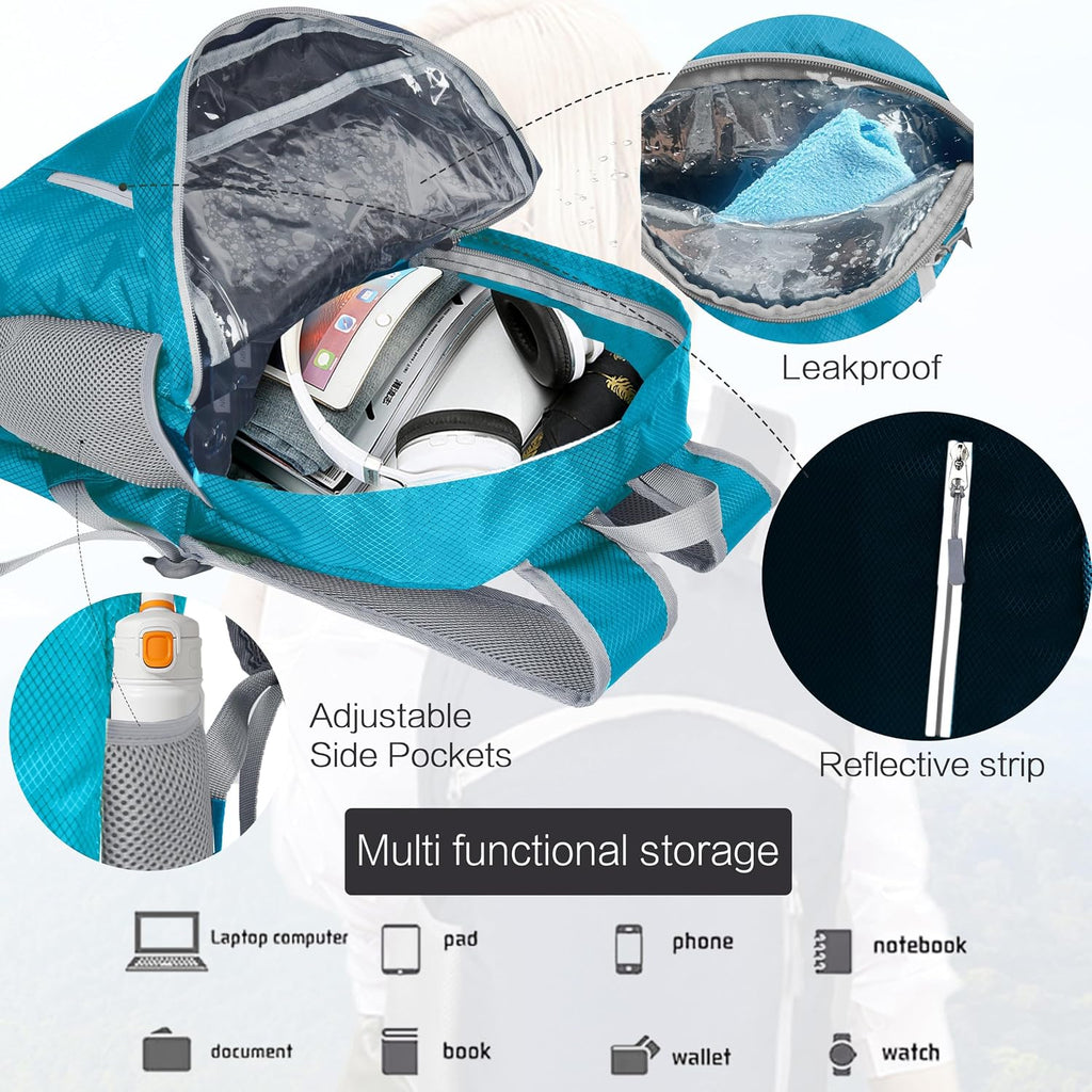 Waterproof Foldable Hiking Backpack, Lightweight Beach Bag SkyBlue