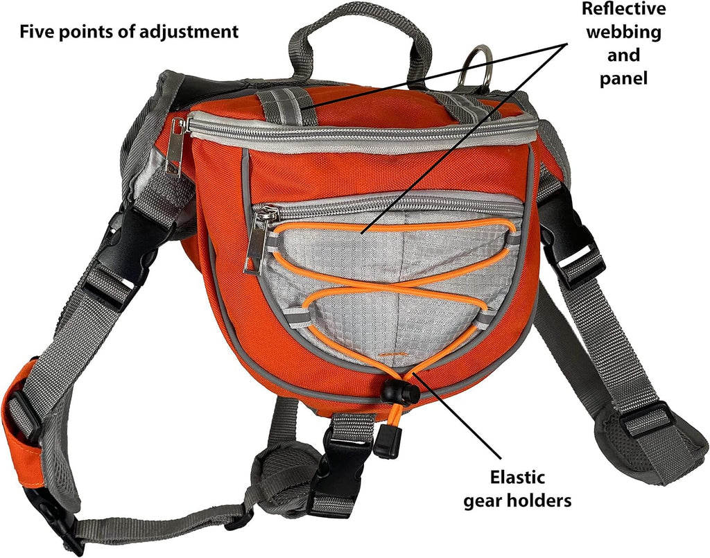 Saddlebag Back Pack & Harness Combo for Dogs 30-100+ lbs. Perfect for Travel, Trail Hiking, & Camping. Reflective, Lightweight, & Comfortable. Comes with Two Collapsible Bowls (Large, Orange)