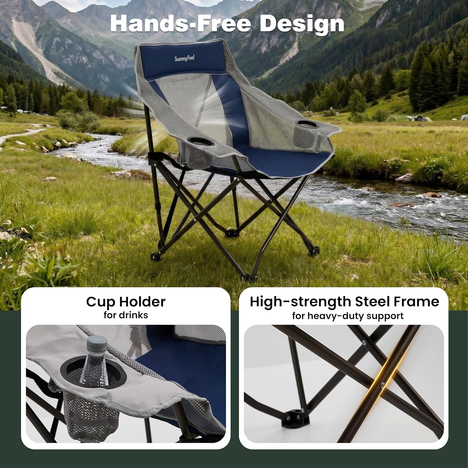 SUNNYFEEL 2 Pack Lightweight Oversized Camping Chairs for Adults, Heavy Duty Portable Folding Chair with Carry Bag, Side Pockets & Cup Holder, Supports 300 lbs, for Tailgating Hiking Picnic Backyard