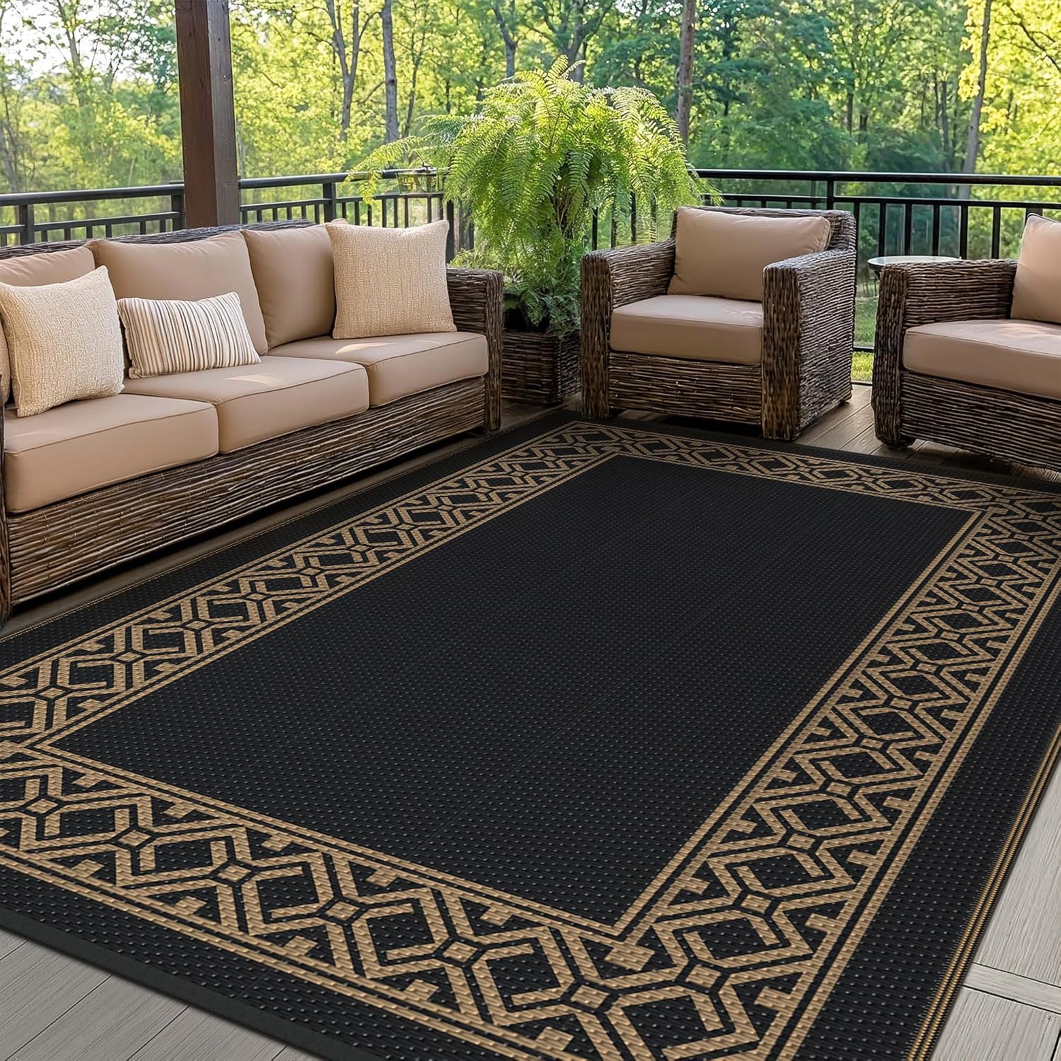GENIMO Outdoor Rug, Waterproof Plastic Rugs for Patio, 6'x9' Black Brown