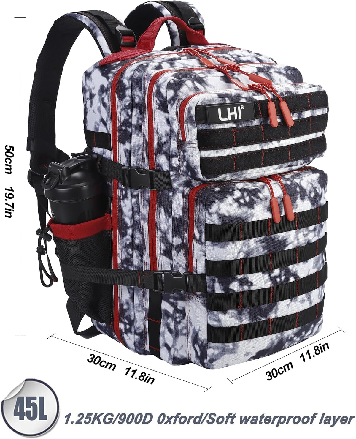 LHI Military Tactical Backpack for Men and Women 45L Army 3 Days Assault Pack Bag Large Rucksack with Molle System Black and White with Red