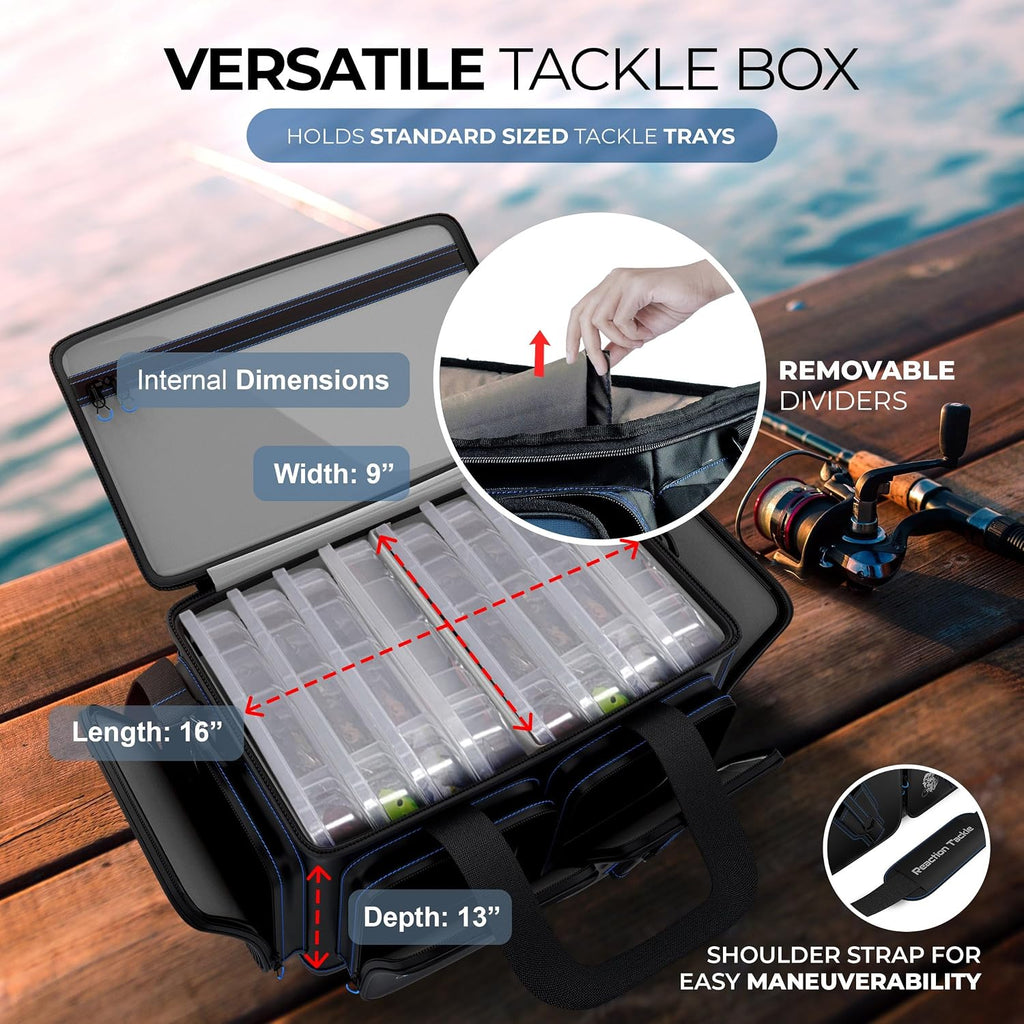 Reaction Tackle Saltwater Fishing Tackle Bags, Water Resistant 1000D PVC Tackle Box Bag with Removable Dividers, Fits 3600 and 3700 Trays, Large