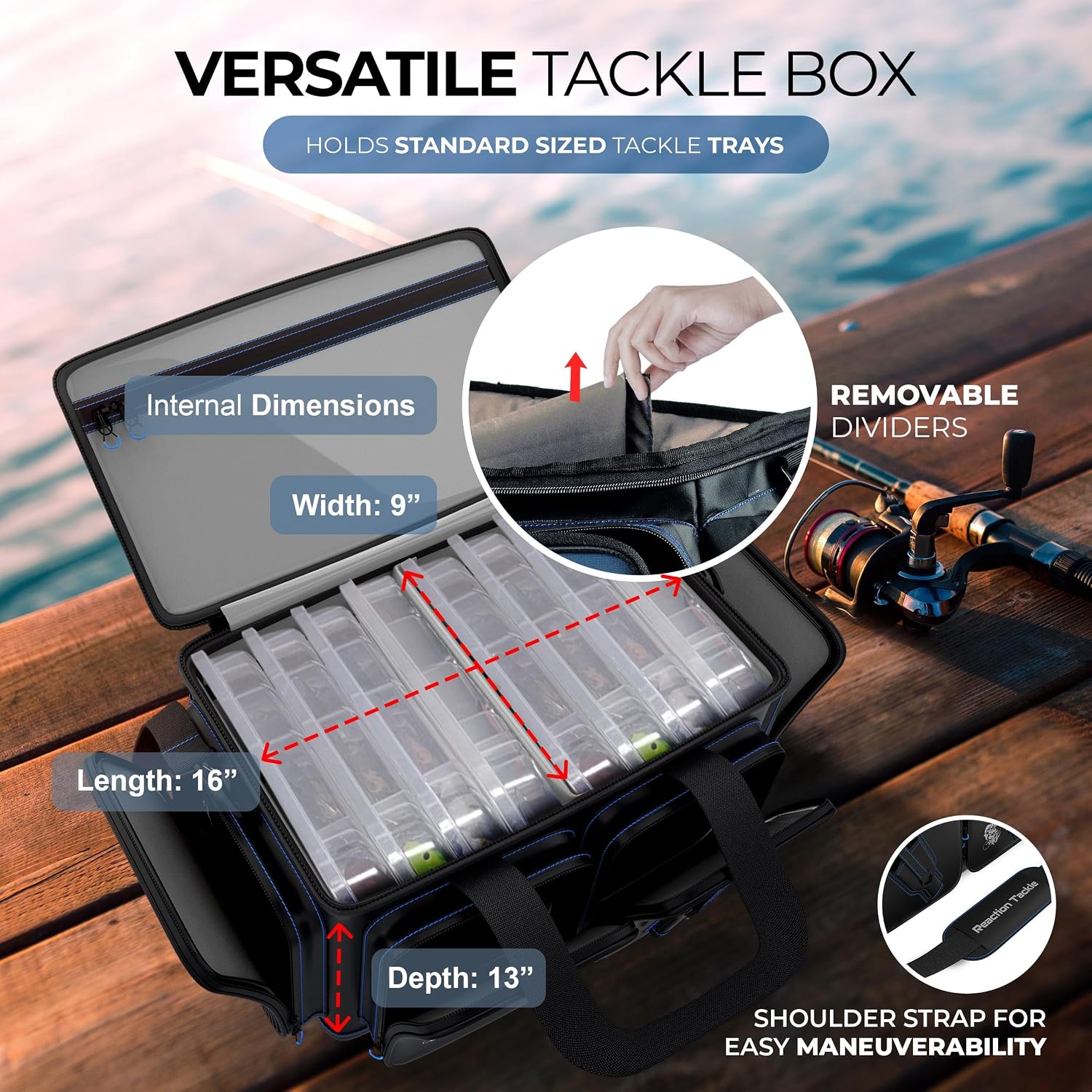 Reaction Tackle Saltwater Fishing Tackle Bags, Water Resistant 1000D PVC Tackle Box Bag with Removable Dividers, Fits 3600 and 3700 Trays, Large