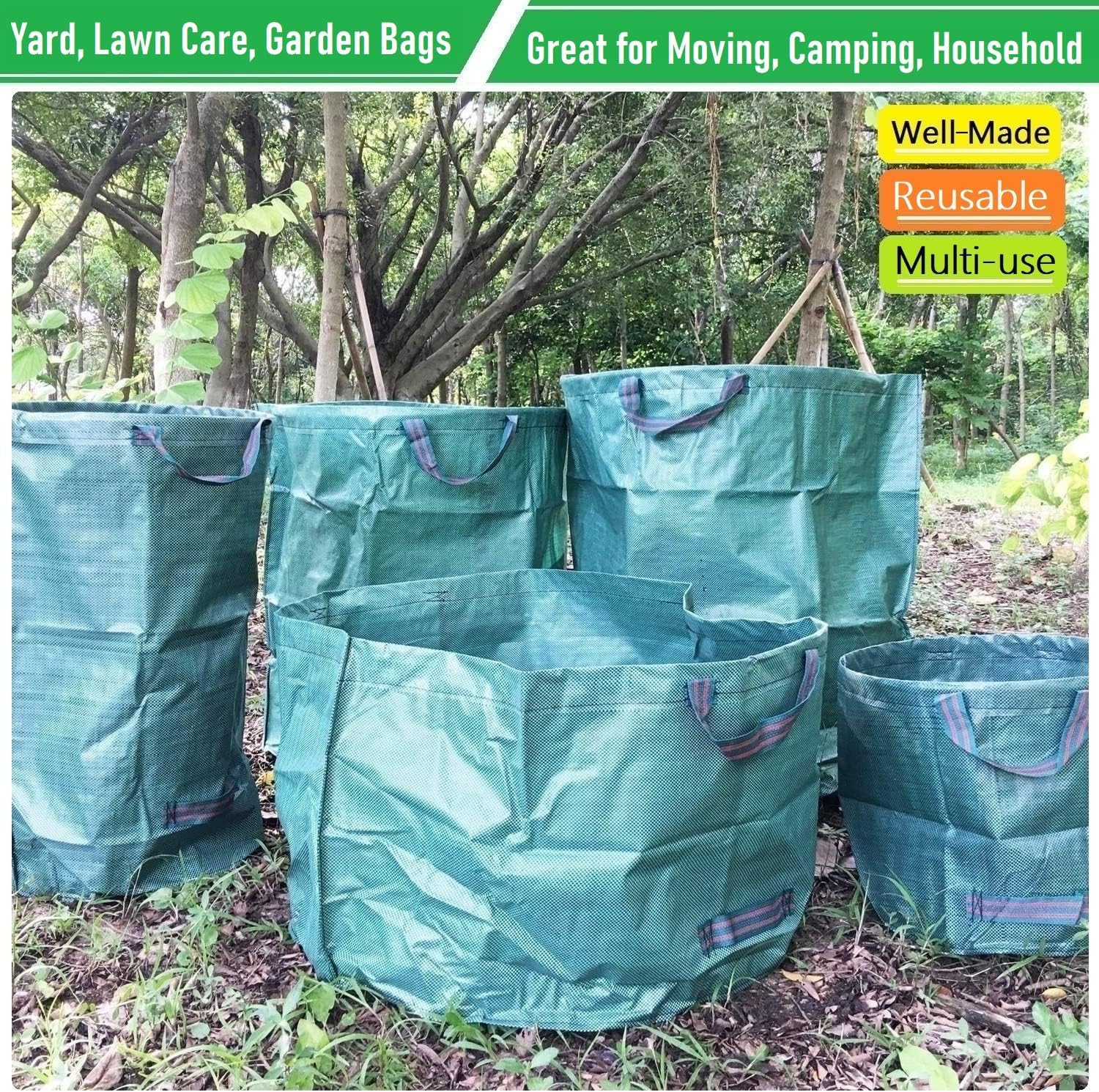 Standard 3-Pack 46 Gallon Lawn Garden Bags Big (D26,H19 in) Yard Waste Bags with Gardening Gloves for Leaf Bag,Yard Debris,Camping Waste,Garden Trash Container,Lawn Grass Clippings,Weeds Bag 4 Handles