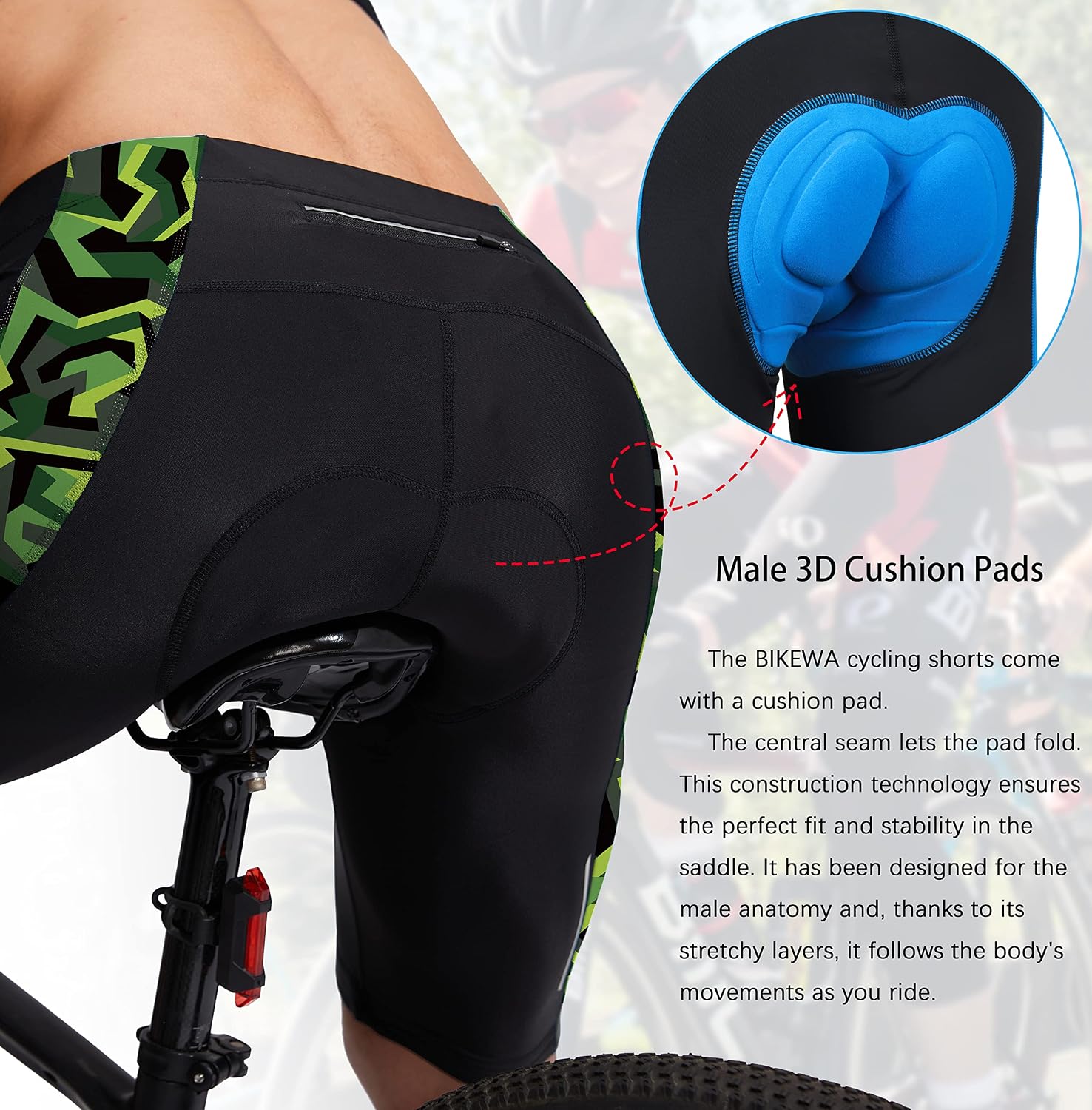 Bikewa Men's Bike Shorts 3D Padded Cycling Road Biking Mountain Riding Biker Bicycle UPF 50+ Cycle Shorts Zipper Pockets