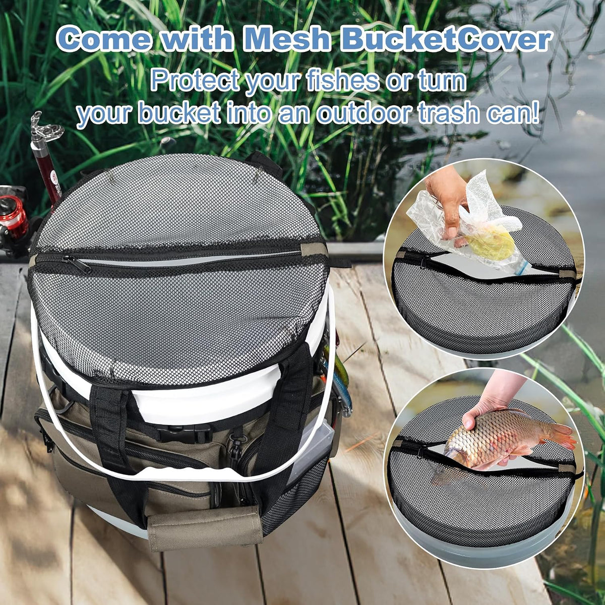 Fishing Bucket Organizer with Bucket Cover Fishing Tackle Bag with Rod & Plier Holder, Multi-Pockets for 5 Gallon Bucket Fishing Gear & Accessories Father Gifts