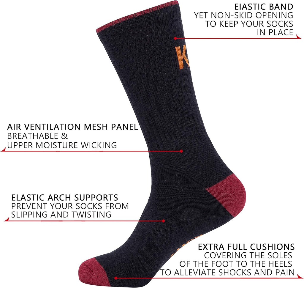 KONY Men's Cotton Hiking Work Boot Crew Socks Full Cushion 5 Pairs