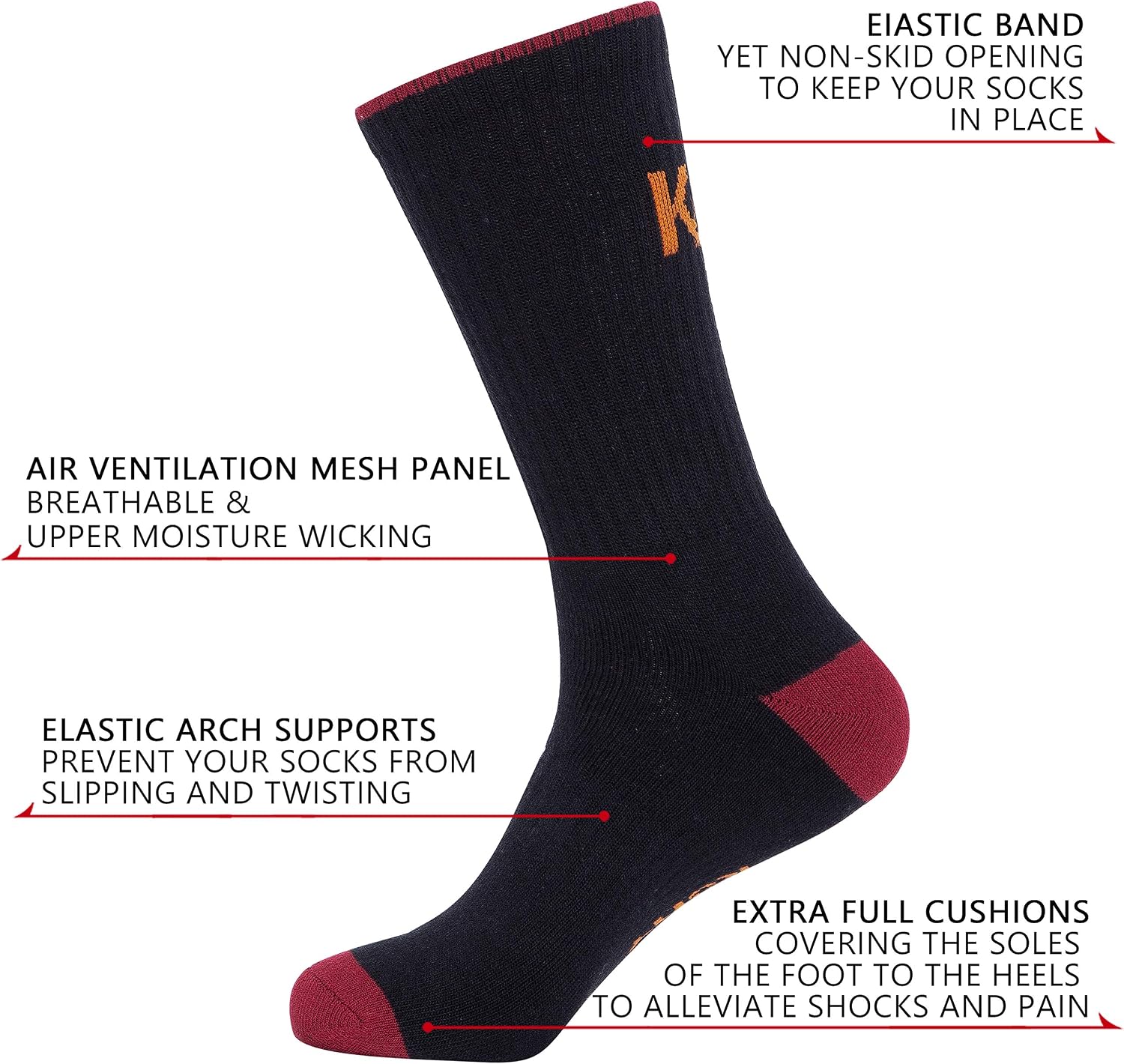 KONY Men's Cotton Hiking Work Boot Crew Socks Full Cushion 5 Pairs