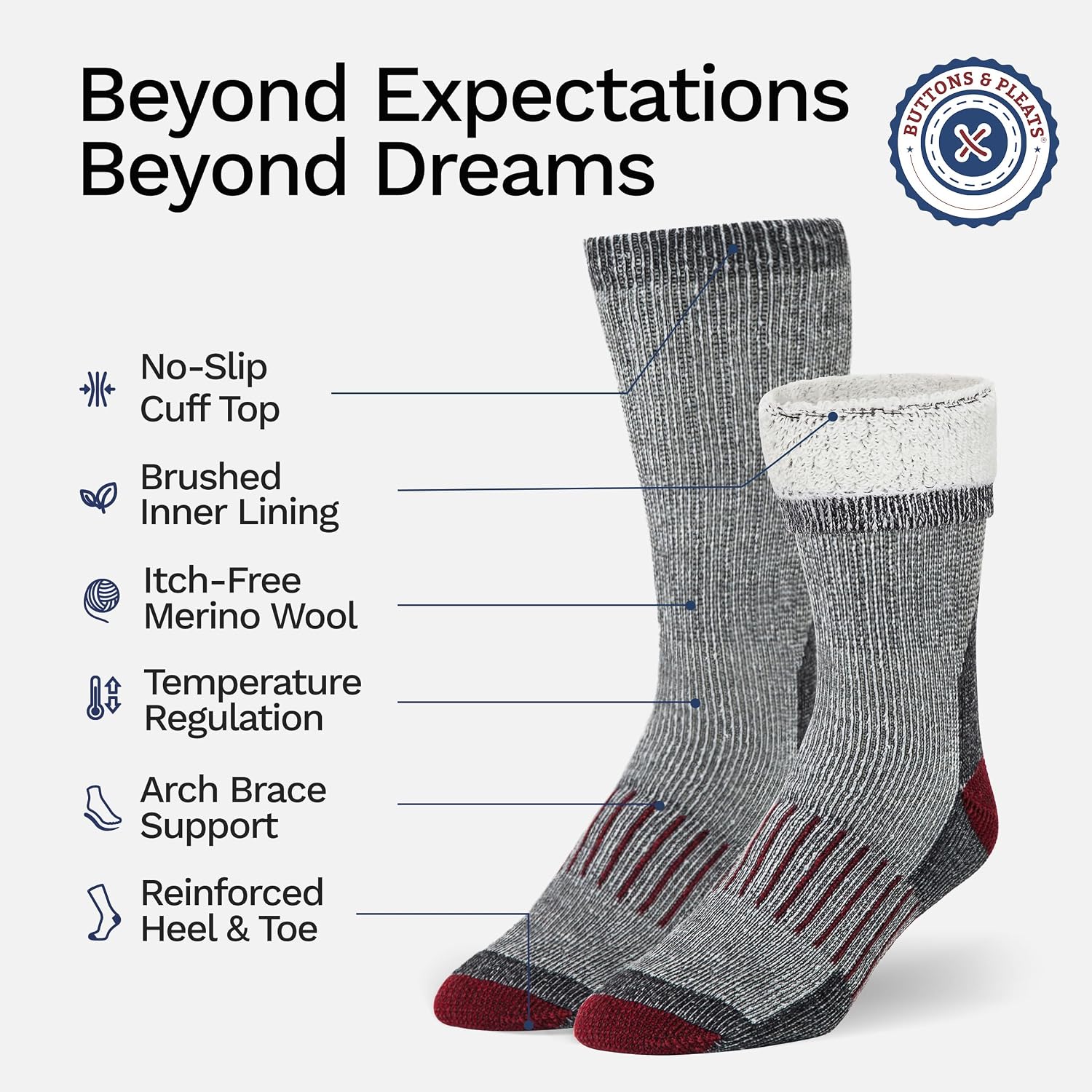 Buttons & Pleats Wool Socks for Men & Women Merino Thermal Warm Cozy Winter Boot Sock