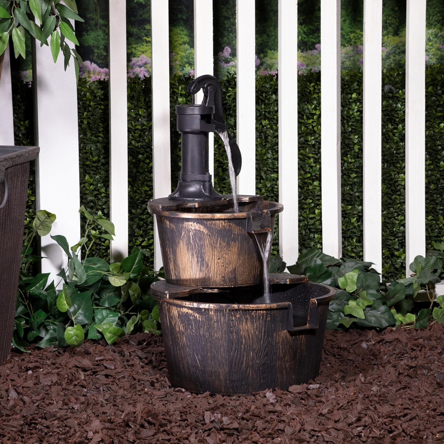Alpine Corporation 27" Tall Rustic Outdoor 2-Tier Barrel Pump Water Fountain with Soothing Cascading Water Flow for Patio, Yard, Porch, or Landscape, Bronze