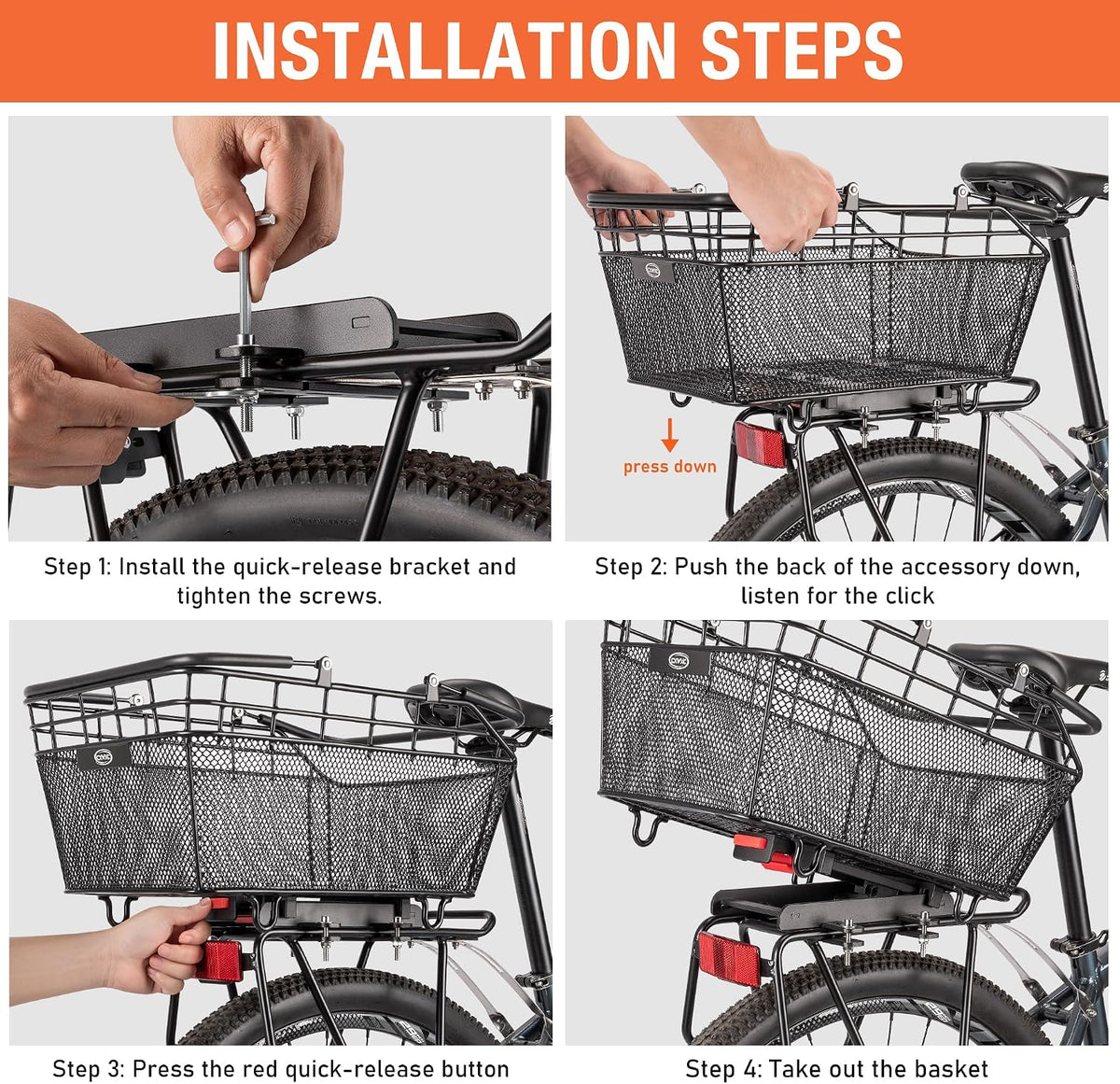 CXWXC Rear Bike Basket with Handle - Quick Release Bicycle Rear Basket