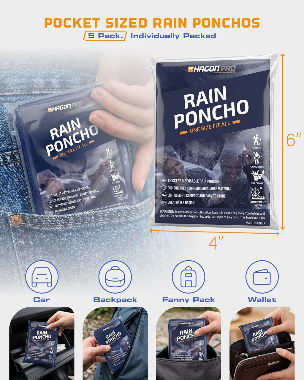 Hagon PRO Disposable Rain Ponchos for Adults (5 Pack)