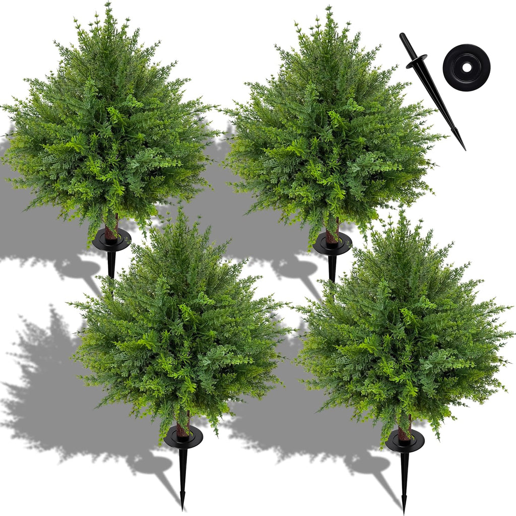 24.5'' Artificial Cedar Topiary Ball Trees, 4 Pack Fake Shrub Bushes