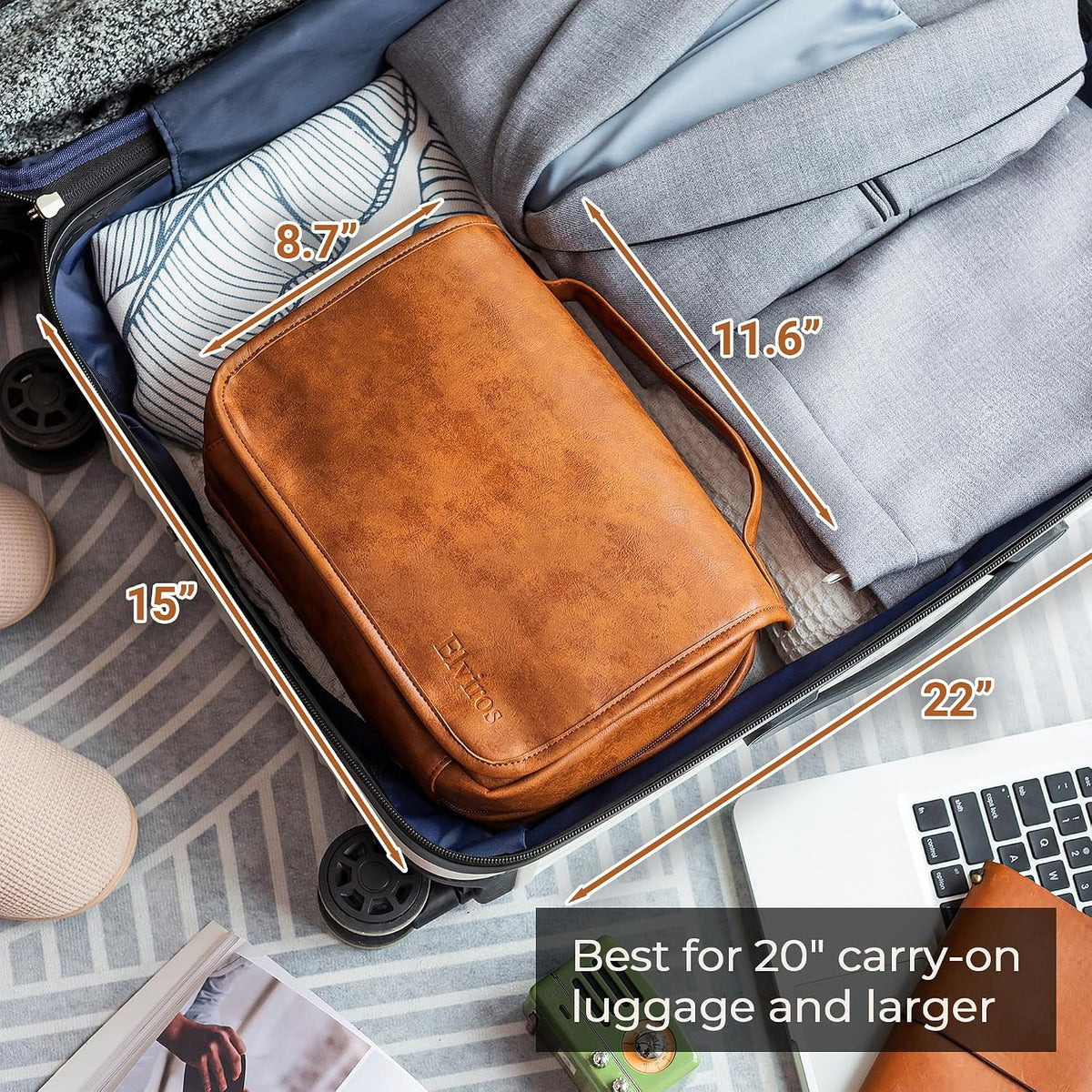 Elviros Hanging Toiletry Bag for Men PU Leather Shaving Dopp Kit (Brown)