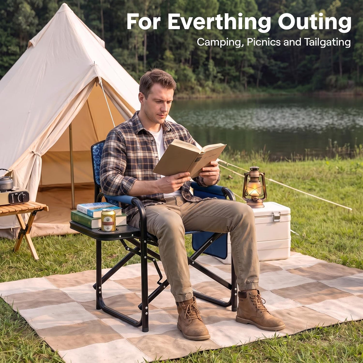 SereneLife Portable Director Chair, Folding Camping Chair with Side Table, Cup Holder & Padded Wide Armrest, 600D Weather-Resistant Fabric, Steel Frame, Carry Bag for Adults, Picnic, Blue Camouflage