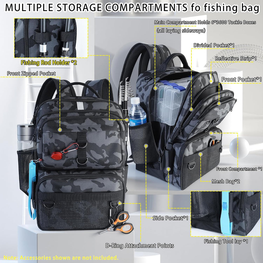 Fishing Backpack with Tackle Boxes and Rod Holder, Fish Lure Kit and Tool