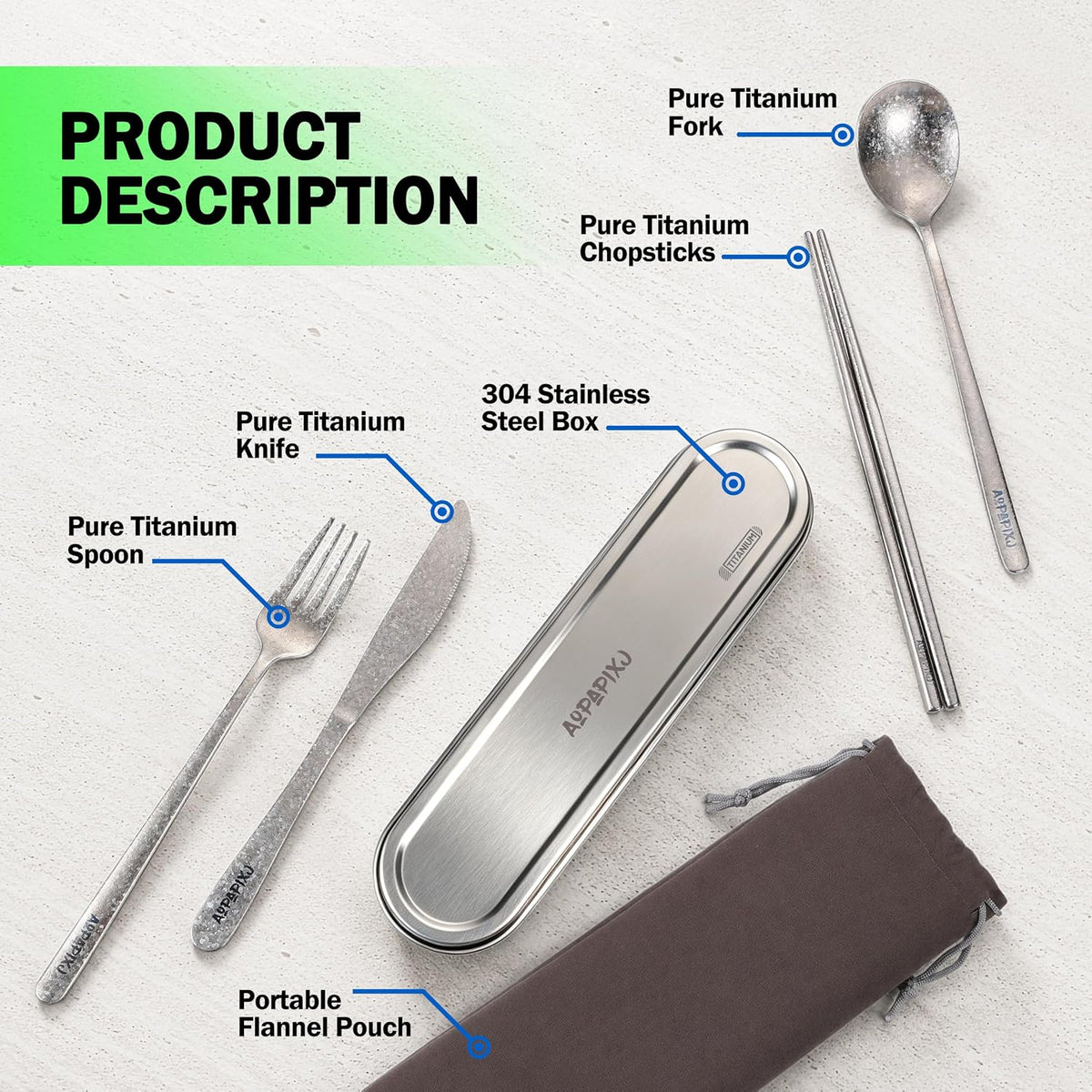 100% Pure Titanium Cutlery Set, Snowflake Pattern Titanium Tableware with 304 Stainless Steel Case & Silicone Holder, Ultralight Portable Utensils with Bonus Carry Bag for Camping